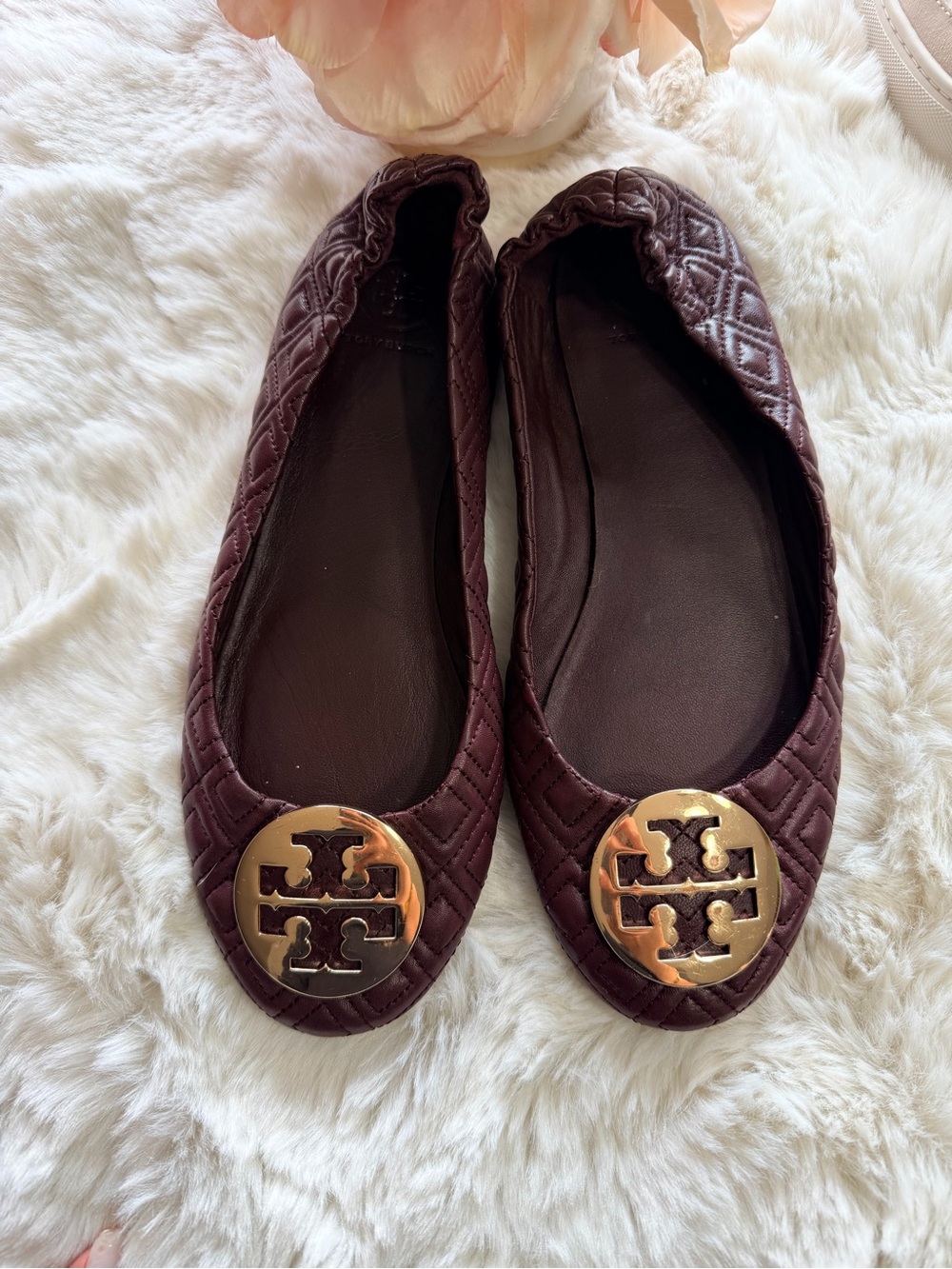 Tory Burch Quilted Ballet Flats in Burgundy with Gold Logo